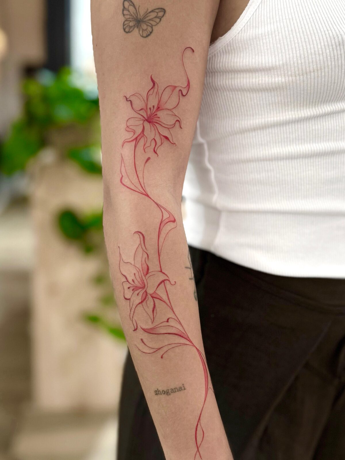 Lirios en línea fina roja a lo largo del brazo