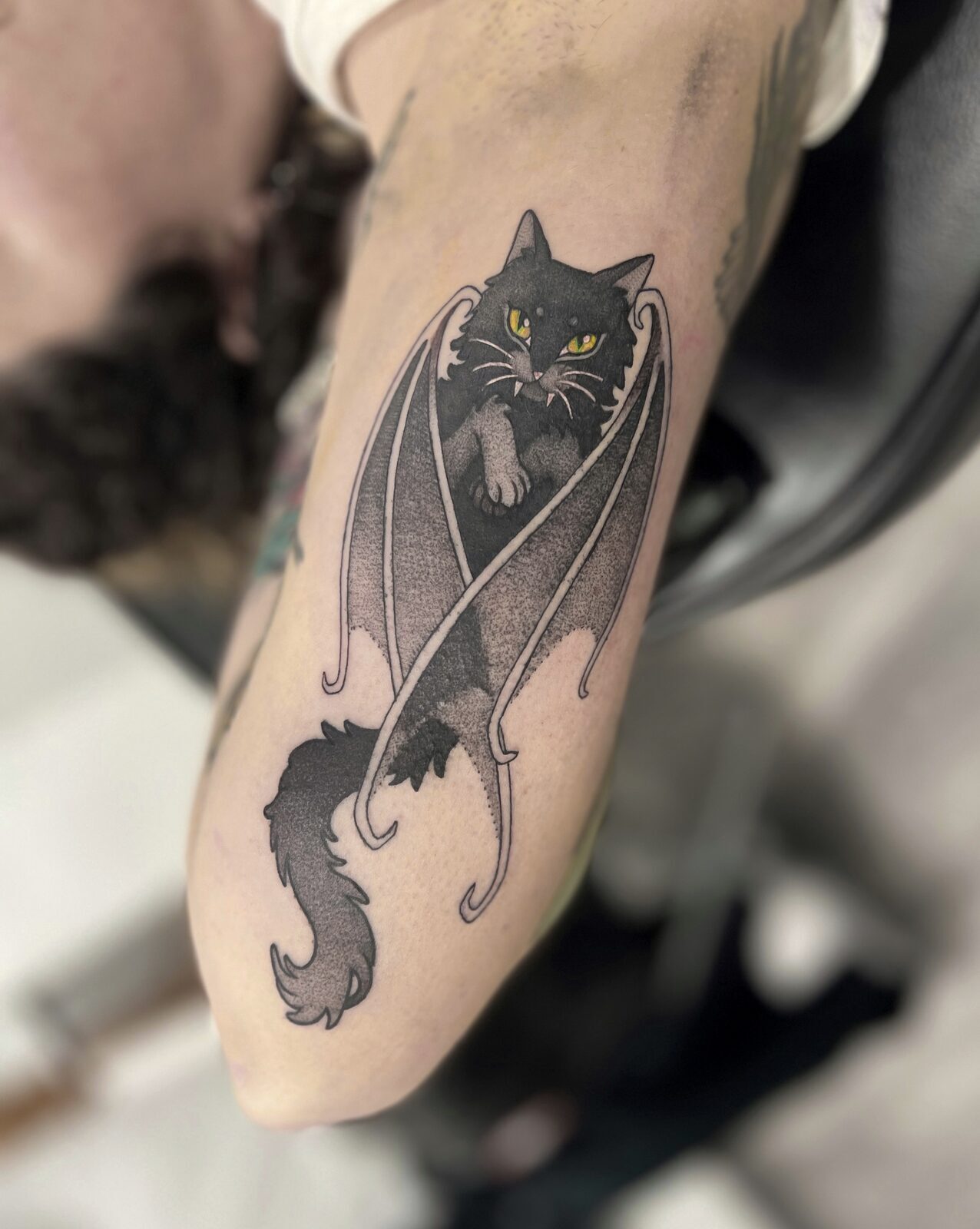 Gato con alas de murciélago y ojos amarillos en el brazo